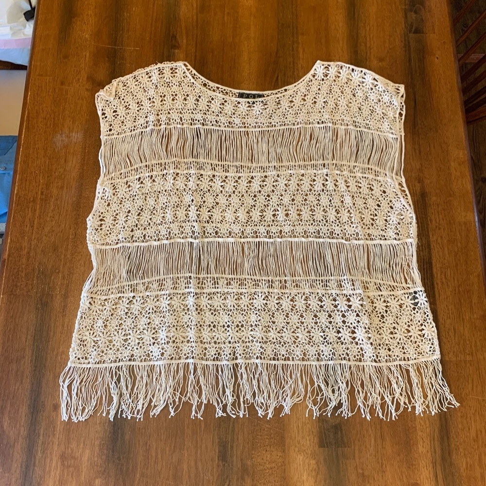 POL Callahan Anthropology Knit Top M/L Cream Ivory Crochet Fringe Boho Boxy